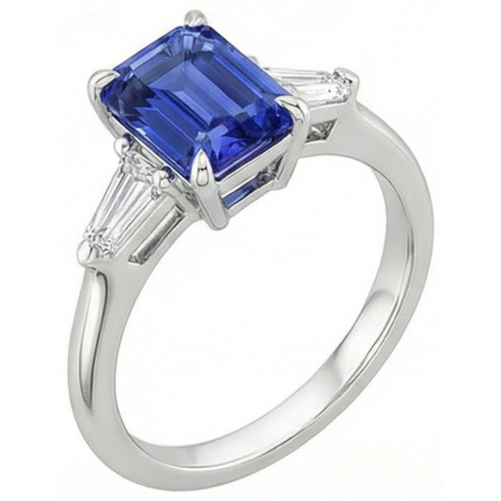 Three Stones Ring White Gold Ceylon Sapphire & Natural Earth Mined Diamond 3.50 Carats