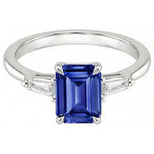 Three Stones Ring White Gold Ceylon Sapphire & Natural Earth Mined Diamond 3.50 Carats