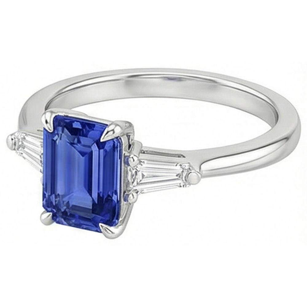 Three Stones Ring White Gold Ceylon Sapphire & Natural Earth Mined Diamond 3.50 Carats