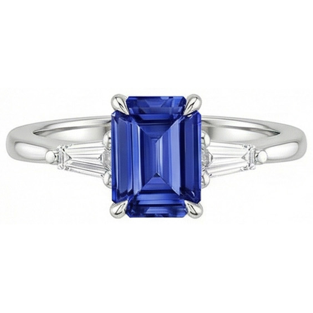 Three Stones Ring White Gold Ceylon Sapphire & Natural Earth Mined Diamond 3.50 Carats