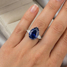Three Stone Gold Pear Cut Ceylon Sapphire & Natural Earth Mined Diamond Ring 6.75 Carats