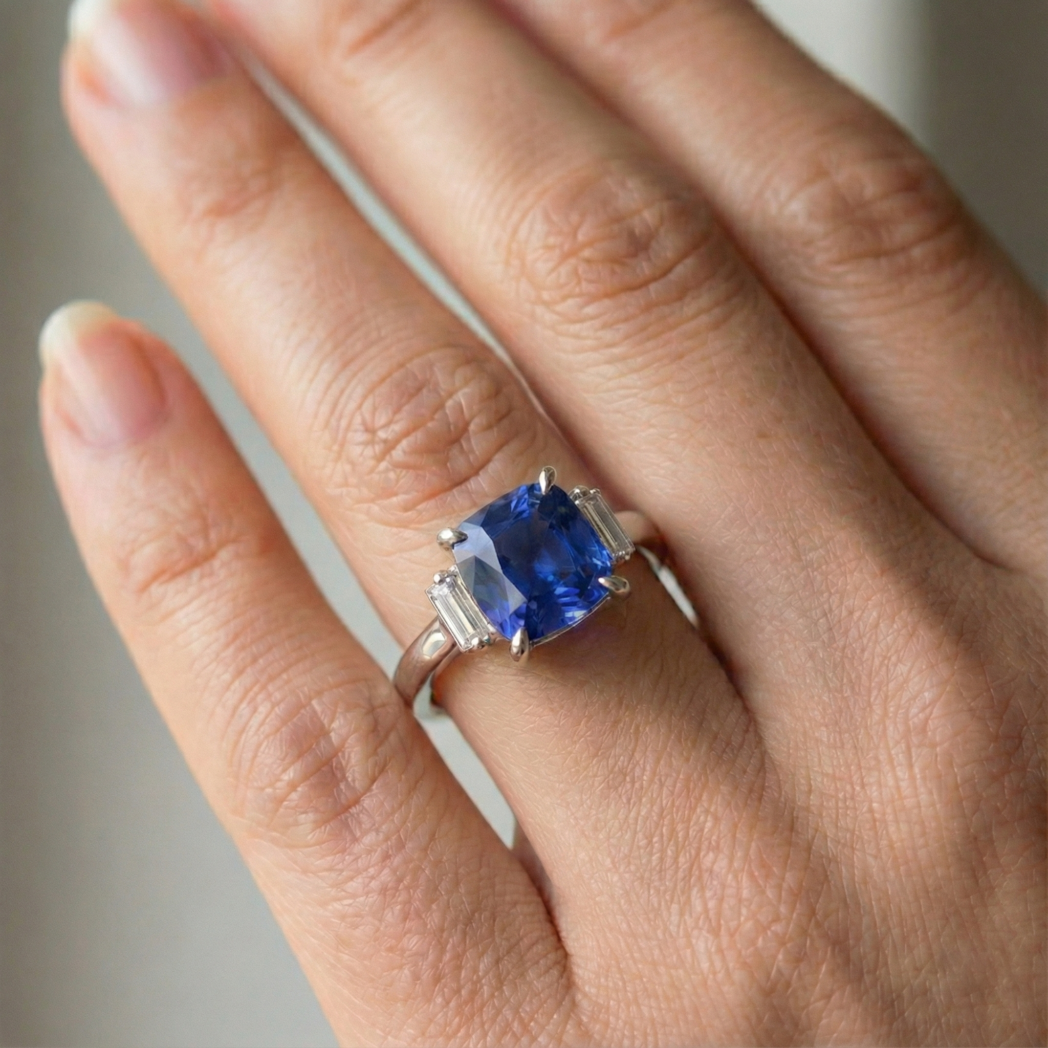 Three Stone Natural Earth Mined Diamond Blue Sapphire Ring 3.25 Carats White Gold