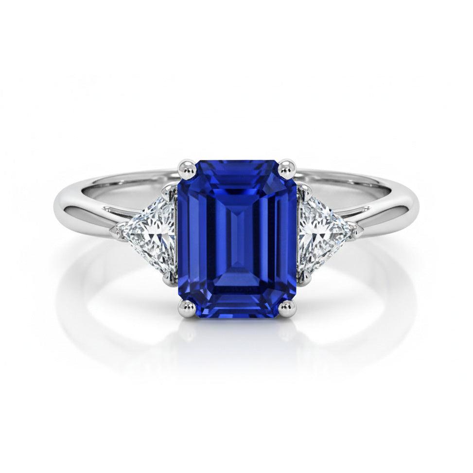 Three Stone Natural Earth Mined Diamond & Emerald Sri Lankan Sapphire Ladies Ring 7 Carats