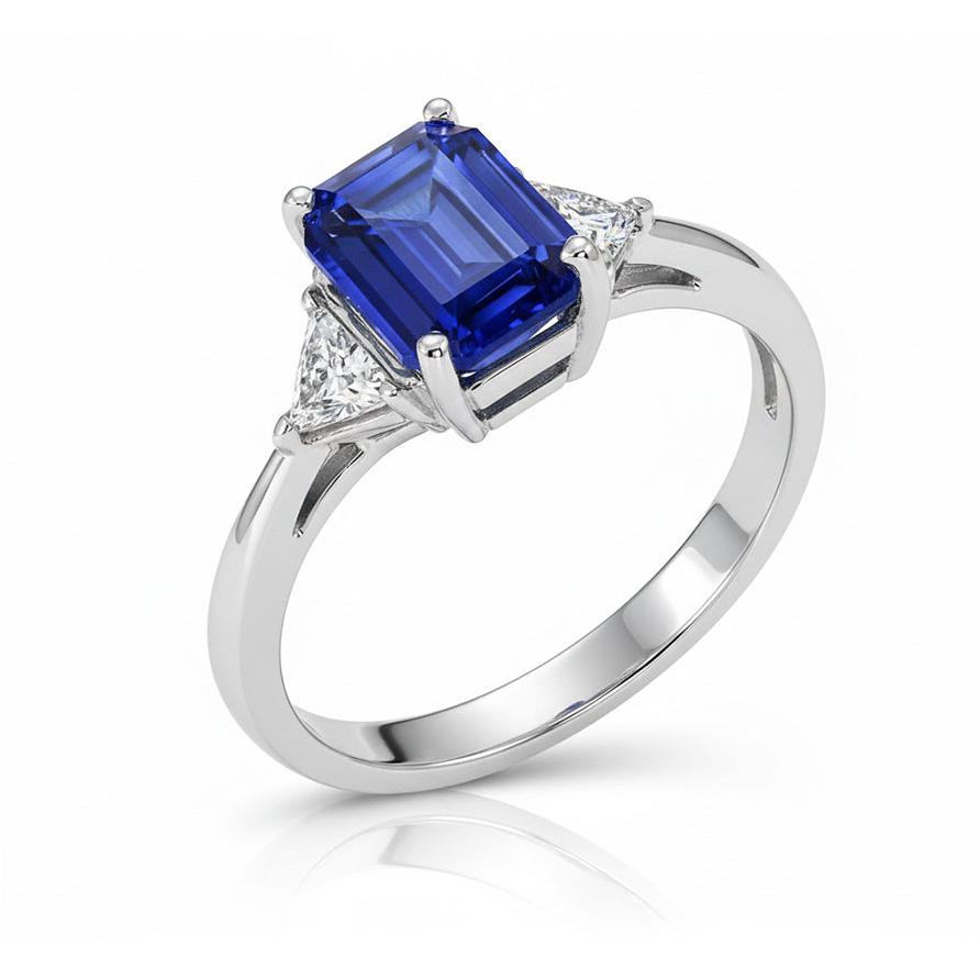Three Stone Natural Earth Mined Diamond & Emerald Sri Lankan Sapphire Ladies Ring 7 Carats