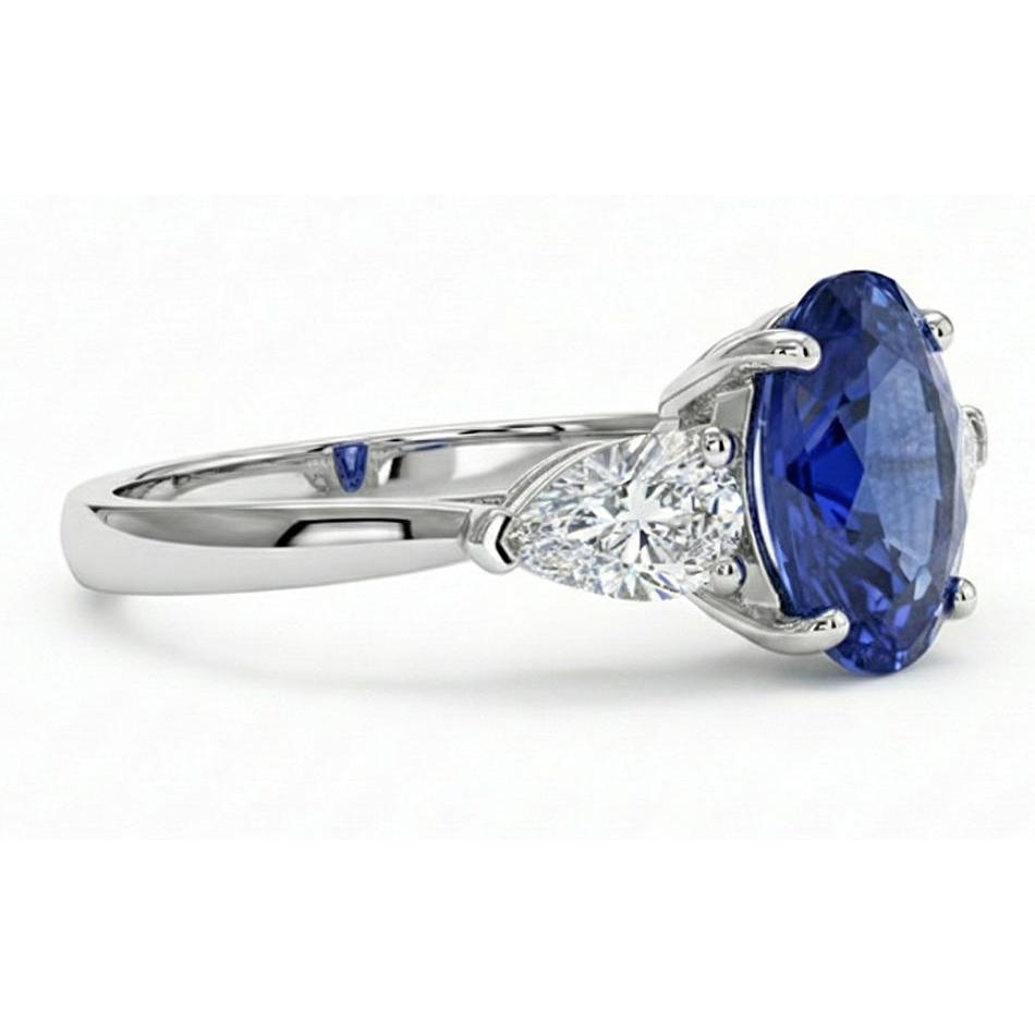 Three Stone Pear Natural Earth Mined Diamond & Ceylon Oval Sapphire Ring 9.25 Carats Gold