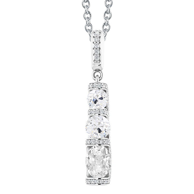 Three Stone Style Oval Old Mine Cut Real Natural Earth Mined Diamond Pendant 4.50 Carats 14K