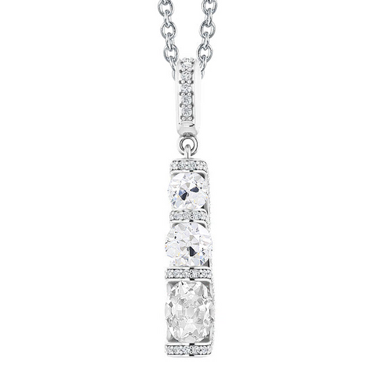 Three Stone Style Oval Old Mine Cut Real Natural Earth Mined Diamond Pendant 4.50 Carats 14K