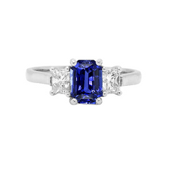 Three Stone Emerald Blue Sapphire & Natural Earth Mined Diamonds Ring