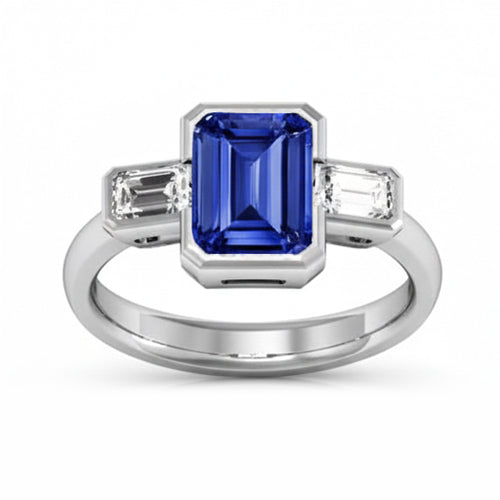 Three Stone Emerald Natural Earth Mined Diamond Sapphire Ring Half Bezel Set 1.75 Carats