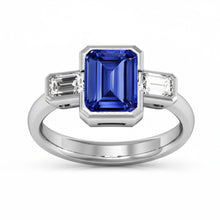 Three Stone Emerald Natural Earth Mined Diamond Sapphire Ring Half Bezel Set 1.75 Carats