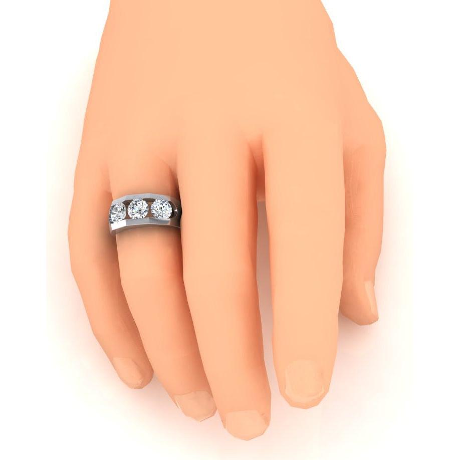 Three Stone Men's Ring Lab Grown Round Diamonds 14K Gold