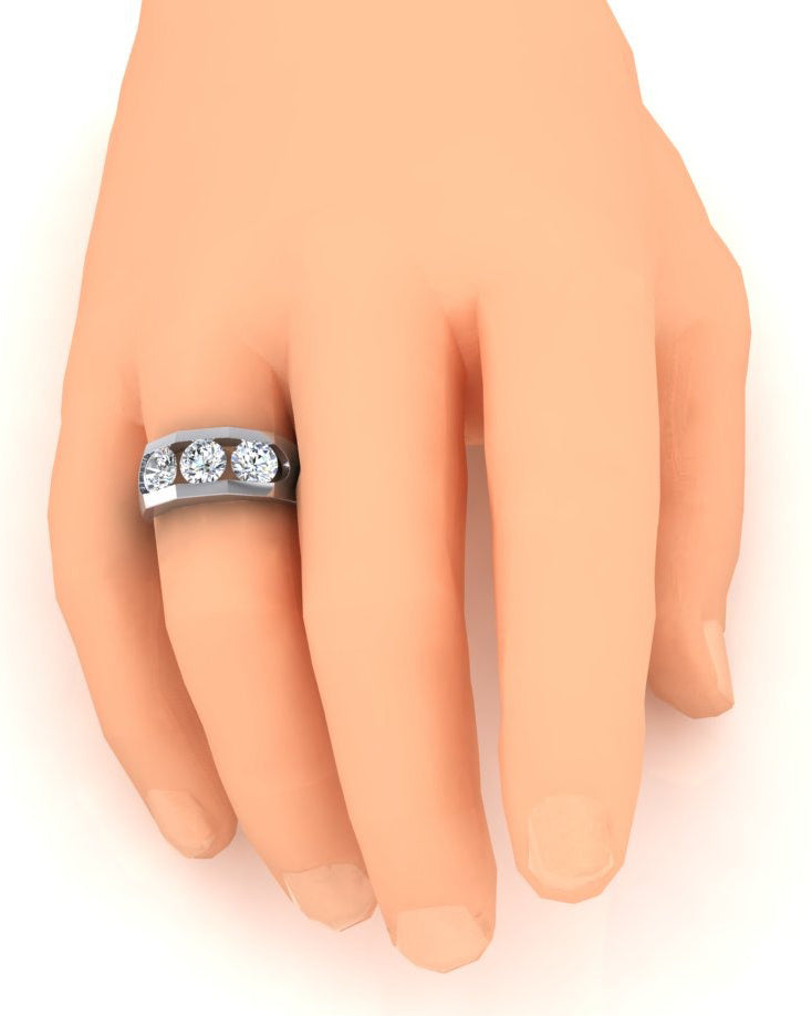 Three Stone Men's Ring Lab Grown Round Diamonds 14K Gold