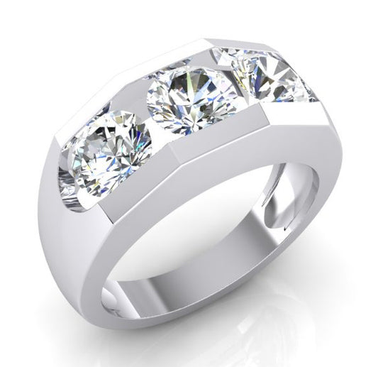 Three Stone Men's Ring Lab Grown Round Diamonds 14K Gold