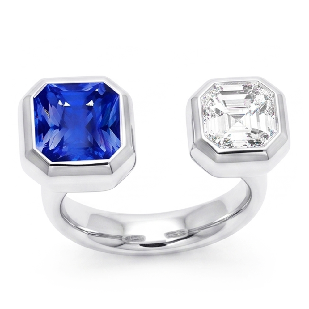 Toi et Moi Asscher Natural Earth Mined Diamond Ring Bezel Set Radiant Sapphire 2.50 Carats