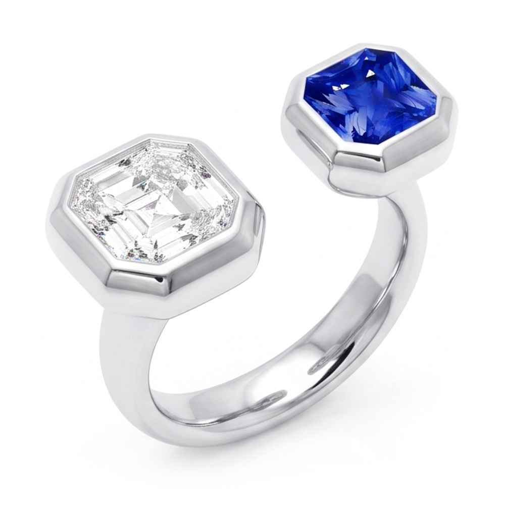 Toi et Moi Asscher Natural Earth Mined Diamond Ring Bezel Set Radiant Sapphire 2.50 Carats