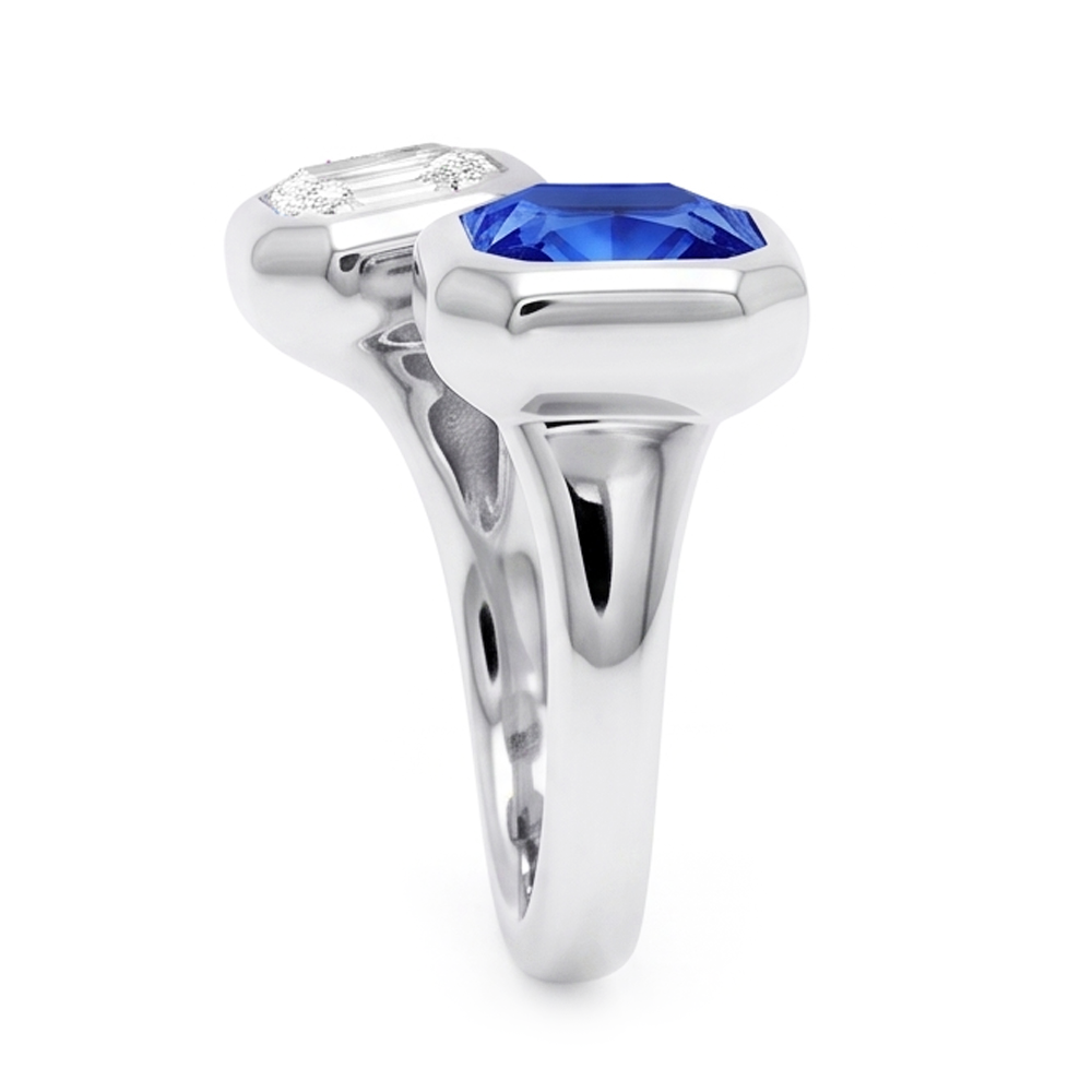 Toi et Moi Asscher Natural Earth Mined Diamond Ring Bezel Set Radiant Sapphire 2.50 Carats