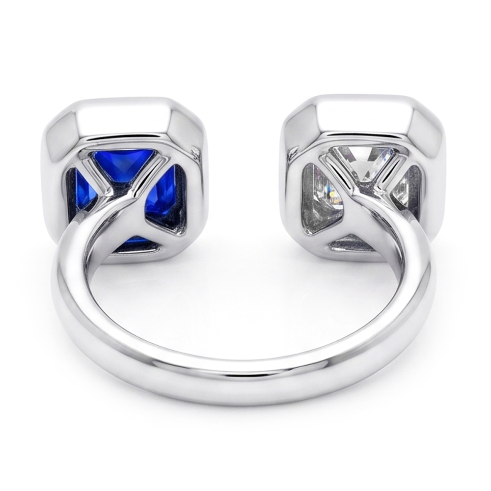 Toi et Moi Asscher Natural Earth Mined Diamond Ring Bezel Set Radiant Sapphire 2.50 Carats
