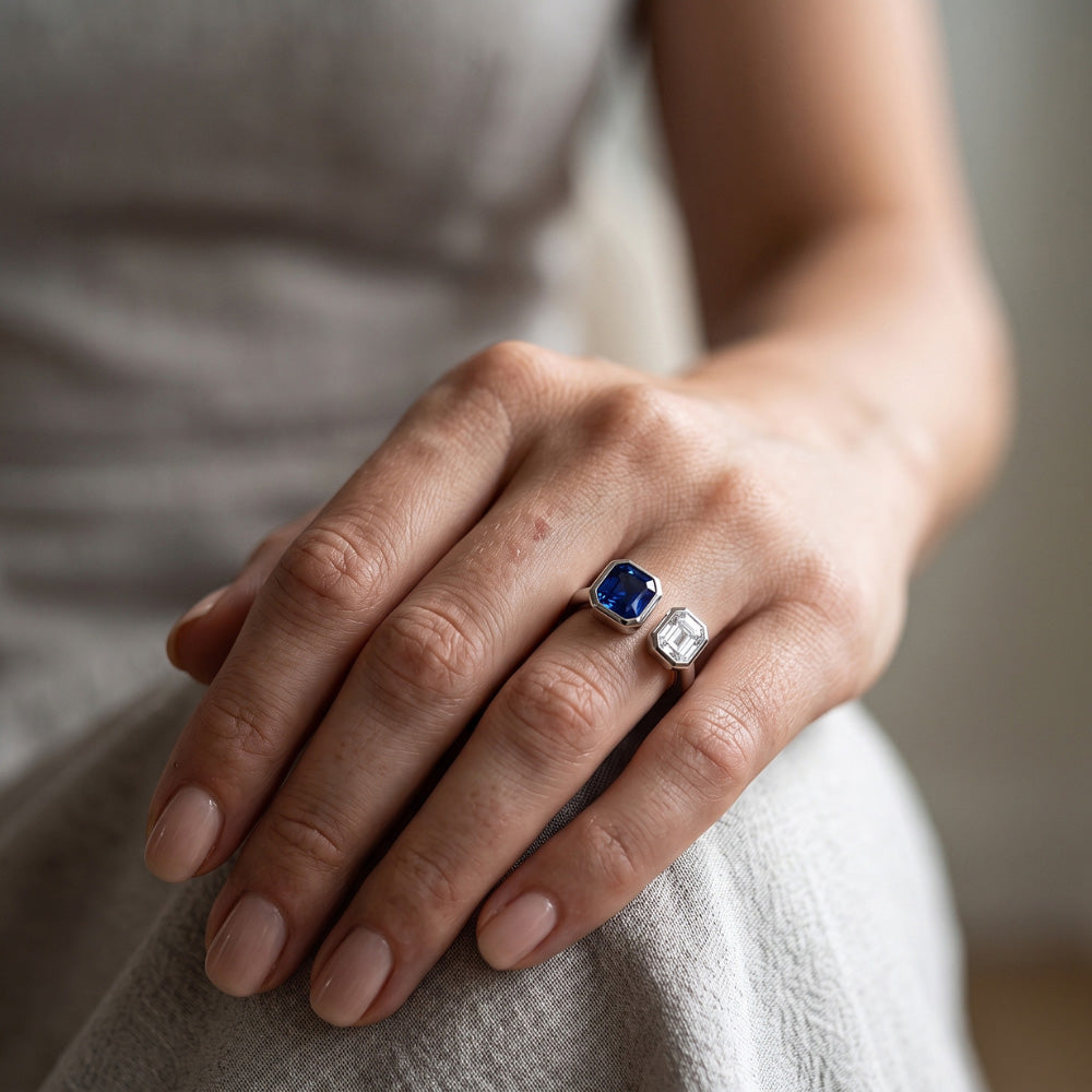 Toi et Moi Asscher Natural Earth Mined Diamond Ring Bezel Set Radiant Sapphire 2.50 Carats