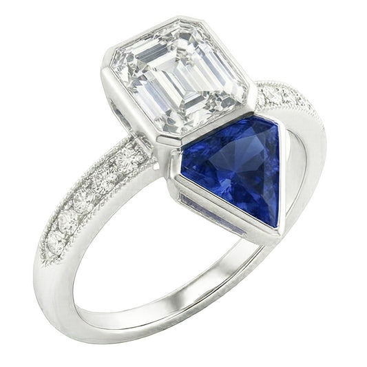Toi et Moi Asscher Natural Earth Mined Diamond & Ceylon Sapphire Ring 3.50 Carats Milgrain