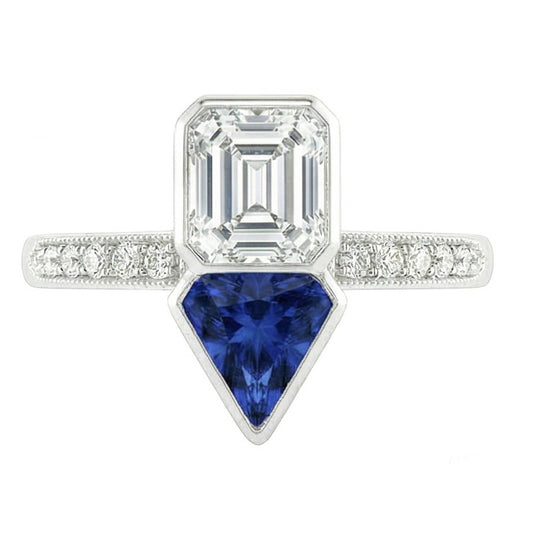 Toi et Moi Asscher Natural Earth Mined Diamond & Ceylon Sapphire Ring 3.50 Carats Milgrain