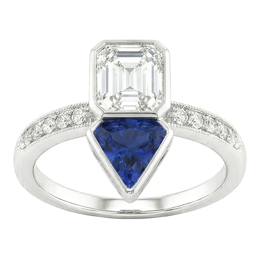 Toi et Moi Asscher Natural Earth Mined Diamond & Ceylon Sapphire Ring 3.50 Carats Milgrain