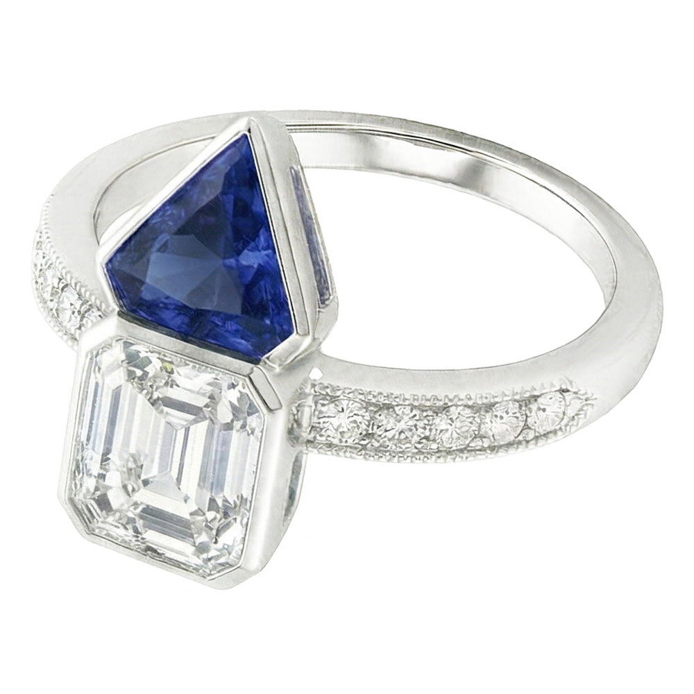 Toi et Moi Asscher Natural Earth Mined Diamond & Ceylon Sapphire Ring 3.50 Carats Milgrain