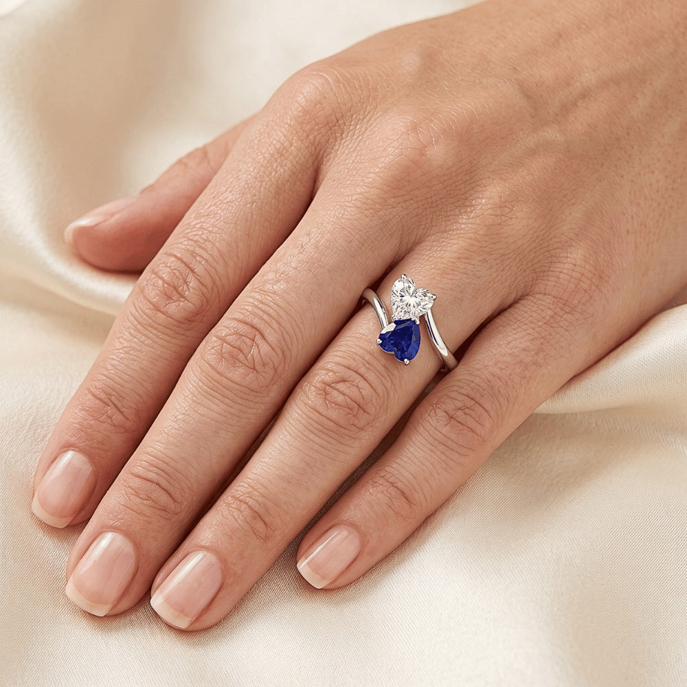 Toi et Moi Heart Blue Sapphire & Natural Earth Mined Diamond Ring 3 Carats 2 Stone Jewellery