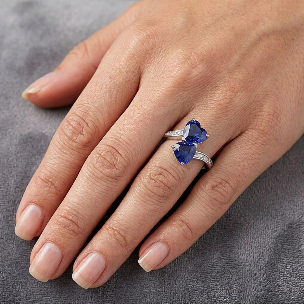 Toi et Moi Heart Gemstone Blue Sapphire Natural Earth Mined Diamond Ring 3.50 Carats