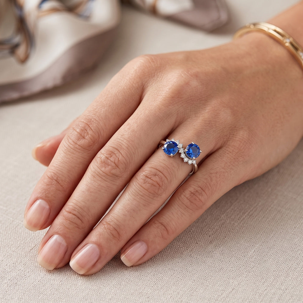 Toi et Moi Natural Earth Mined DIAMOND ( NOT LAB GROWN ) Ring 1.18 Carats Ceylon Sapphire Women Jewellery 14K