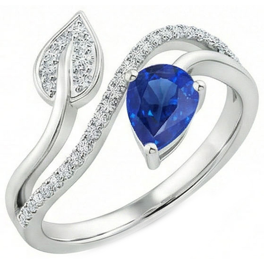 Toi et Moi Natural Earth Mined Diamond Women's Ring Pear Blue Sapphire 4 Carats Leaf Style