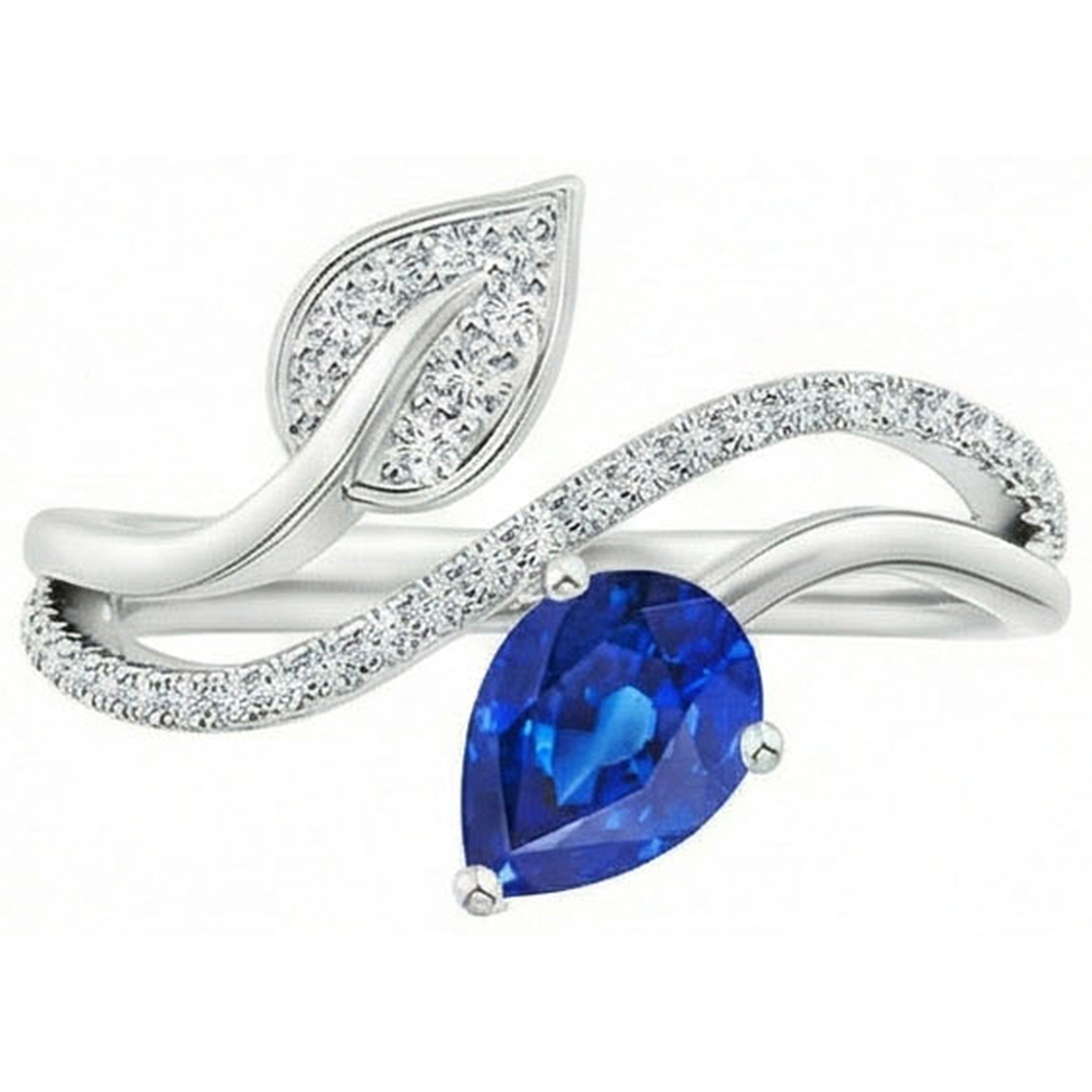 Toi et Moi Natural Earth Mined Diamond Women's Ring Pear Blue Sapphire 4 Carats Leaf Style