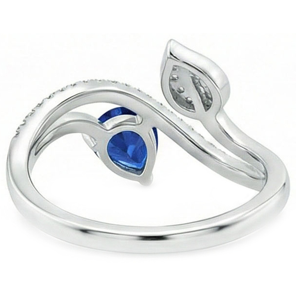 Toi et Moi Natural Earth Mined Diamond Women's Ring Pear Blue Sapphire 4 Carats Leaf Style