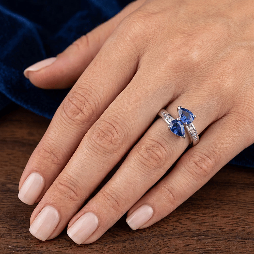 Toi et Moi Pear Ceylon Sapphire 2.20 Carat Natural Earth Mined Diamond Ring White Gold 14K