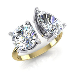 Toi et Moi Pear & Round Real Diamond Ring 4 Carat Two Tone Gold 14K Jewelry