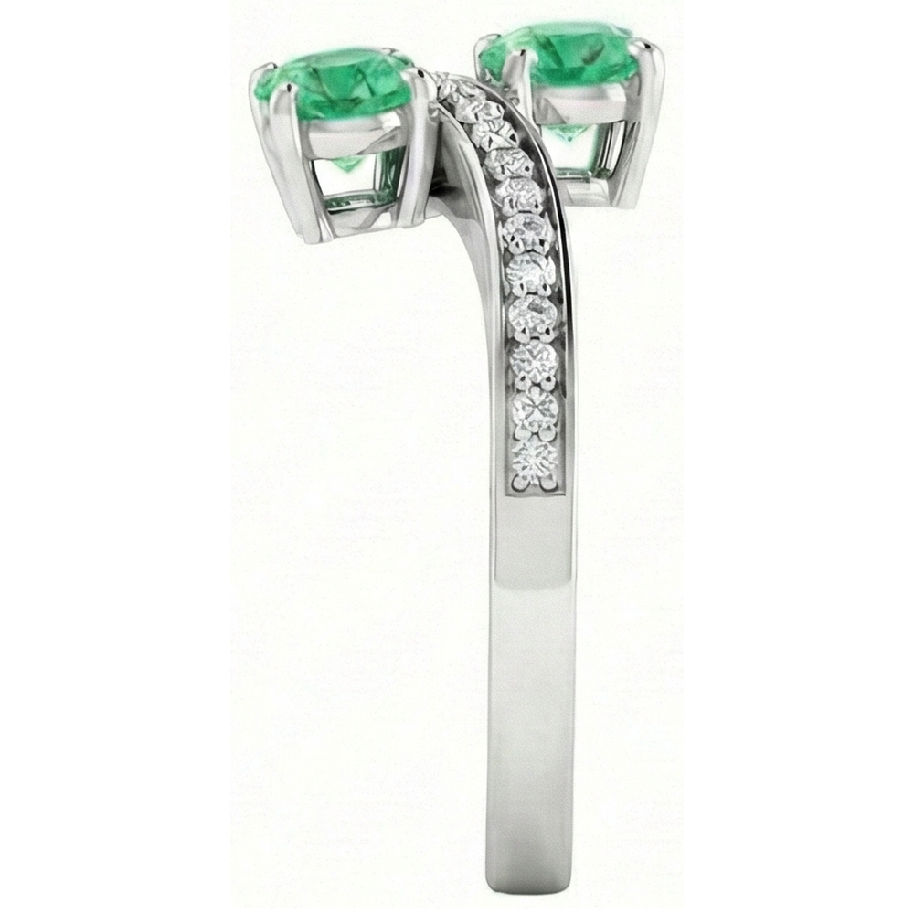 Toi et Moi Round Green Emerald 2.60 Carats Natural Earth Mined Diamond Ring White Gold 14K