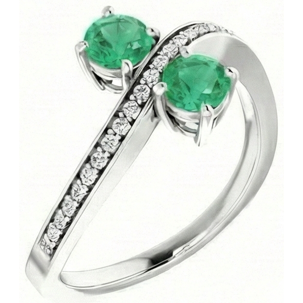 Toi et Moi Round Green Emerald 2.60 Carats Natural Earth Mined Diamond Ring White Gold 14K