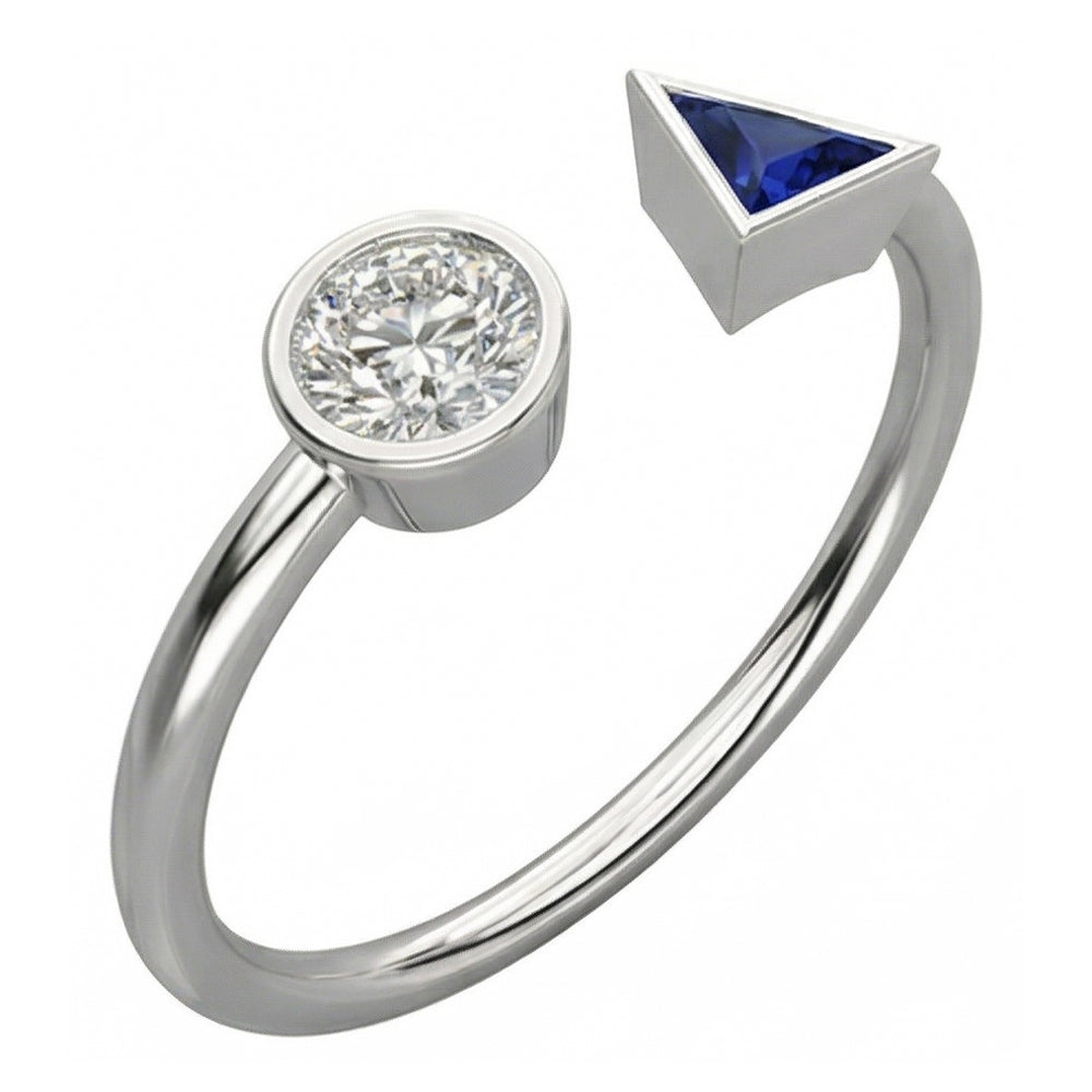 Toi et Moi Round Natural Earth Mined Diamond & Trillion Bezel Set Sapphire Ring 1 Carat