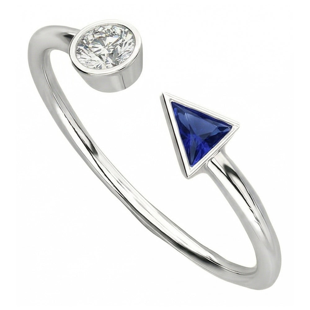 Toi et Moi Round Natural Earth Mined Diamond & Trillion Bezel Set Sapphire Ring 1 Carat