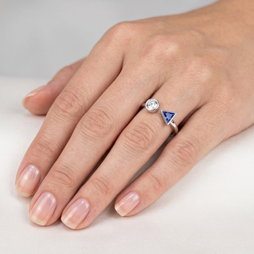 Toi et Moi Round Natural Earth Mined Diamond & Trillion Bezel Set Sapphire Ring 1 Carat