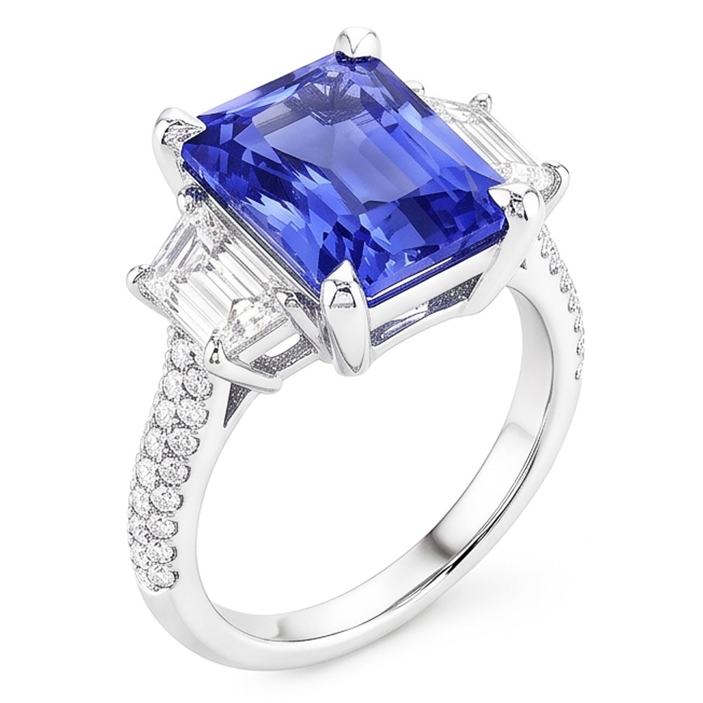 Trapezoid Natural Earth Mined Diamond Sapphire Ring With Accents Gold Pave Set 4.50 Carats