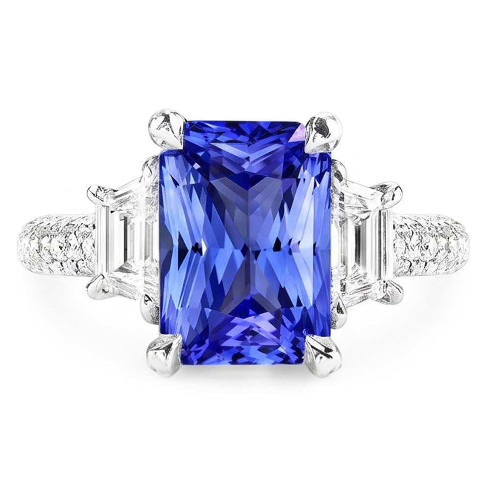 Trapezoid Natural Earth Mined Diamond Sapphire Ring With Accents Gold Pave Set 4.50 Carats