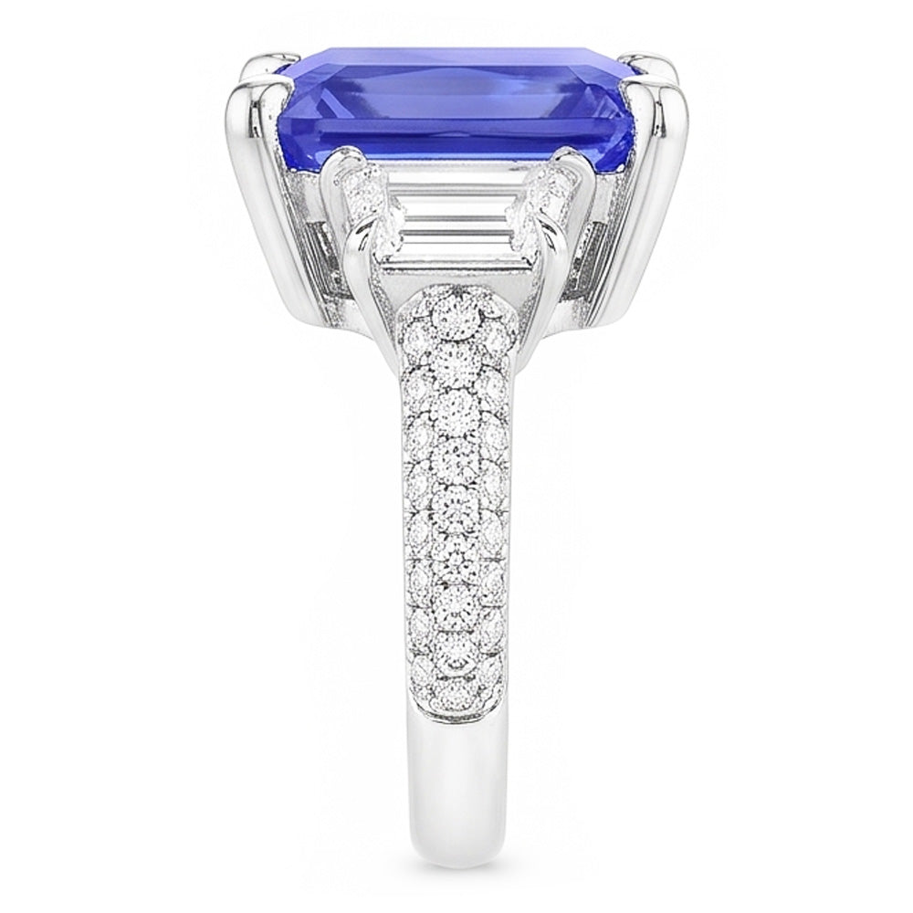 Trapezoid Natural Earth Mined Diamond Sapphire Ring With Accents Gold Pave Set 4.50 Carats
