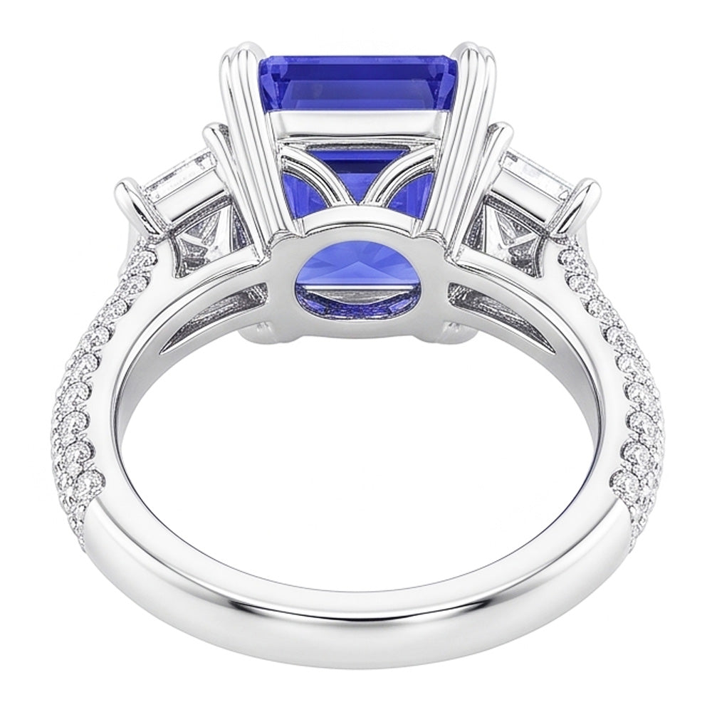 Trapezoid Natural Earth Mined Diamond Sapphire Ring With Accents Gold Pave Set 4.50 Carats