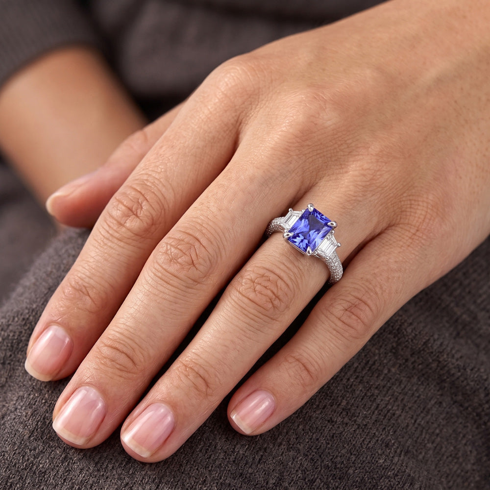 Trapezoid Natural Earth Mined Diamond Sapphire Ring With Accents Gold Pave Set 4.50 Carats