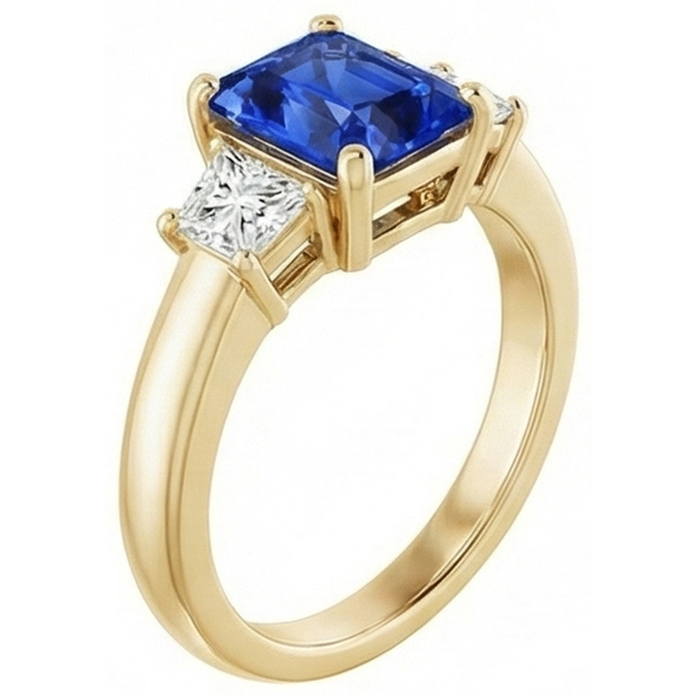 Trapezoid & Radiant Sapphire 3 Stone Natural Earth Mined Diamond Ring 3 Carats Yellow Gold