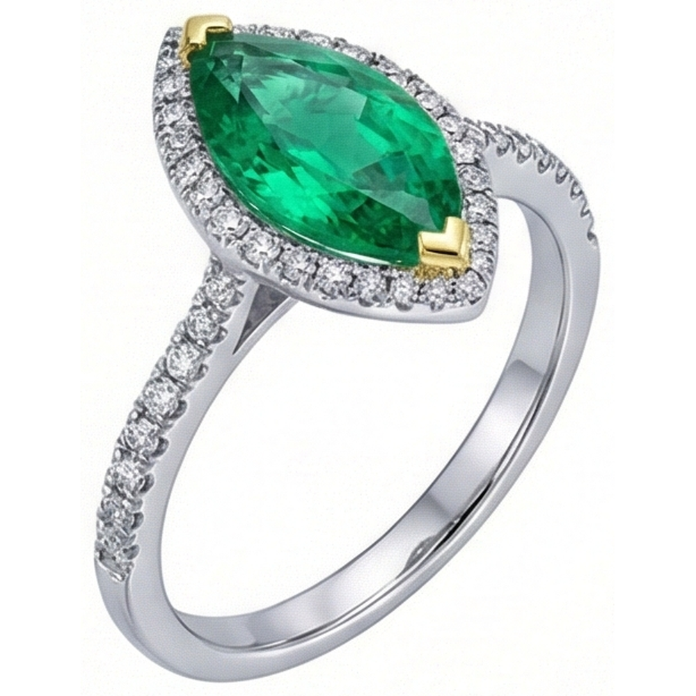 Marquise Colombian Emerald ring in 14K Two Tone Gold – front view