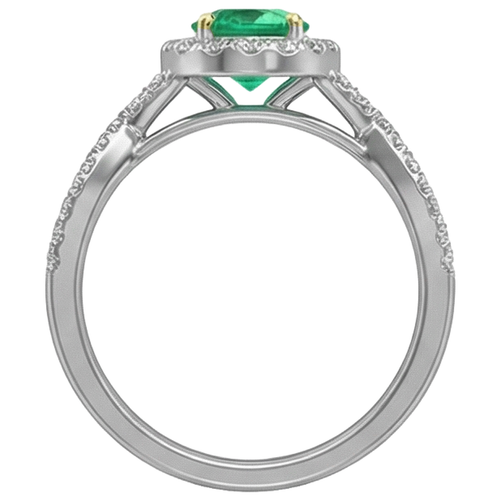 Colombian Emerald Round Brilliant Precious Stone Ring in 14 Karat Two Tone Gold – profile view