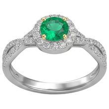 Colombian Emerald Round Brilliant Precious Stone Ring in 14 Karat Two Tone Gold – angle view