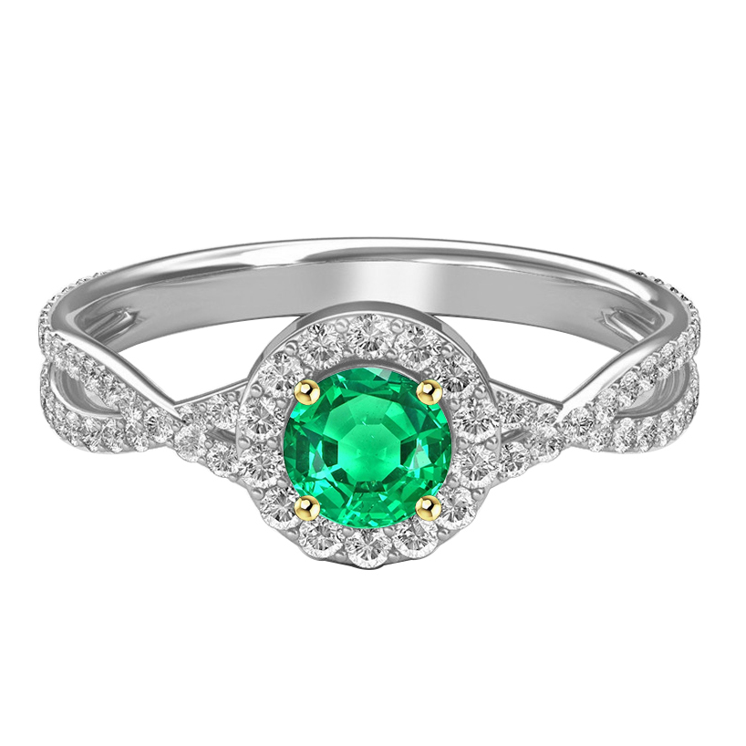 Round Brilliant Colombian Emerald ring in 14 Karat Two Tone Gold – main view