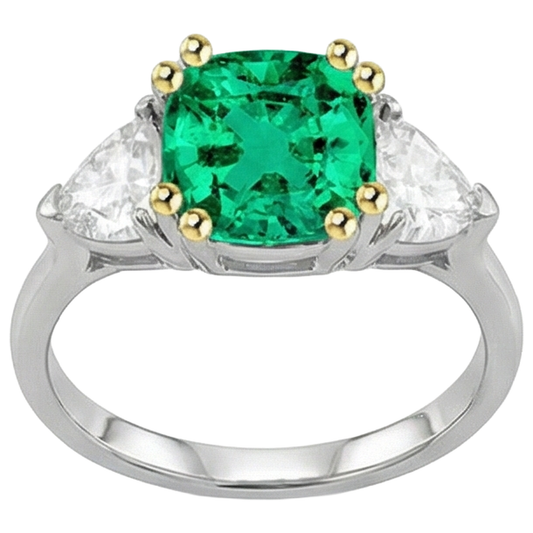 Emerald Cushion Cut Precious Stone Ring in Two-Tone 14K Gold – front view
